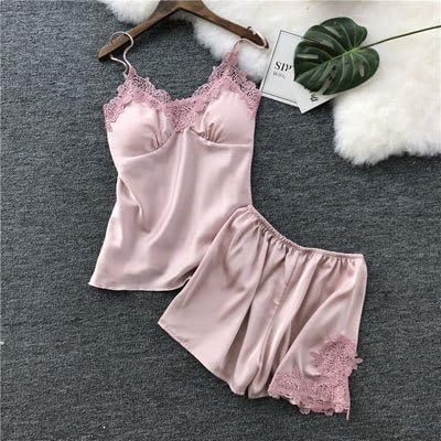 PPOJAS Two-Pieces Women'S Short Pants Pajamas Sets Fashion Luxury Padded Chest Lingerie Set Hot Sale Fashion Pijamas Sets,Pink Set,M