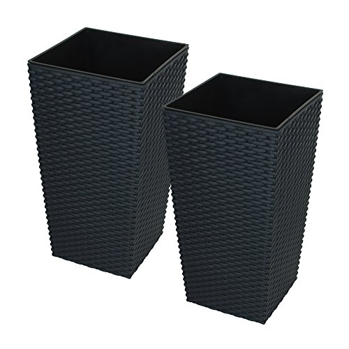 2 x CrazyGadget® grande ratán de alto maceta de plástico cuadrada Jardín Maceta de flores de interior y exterior, plástico, negro, 11.4L