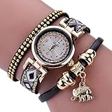 Leder Charm Armband Armbanduhr Kristall Synthetik Edelstahl Uhren MULTILAYER Wrap Kette Armreif für Frauen, schwarz, Band Length:6.5CM