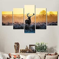 mmwin Frame Pinturas De Lienzo De 5 Piezas De Ciervos En La Mañana De Invierno Fotos del Paisaje Decoración para El Hogar Enmarcadas