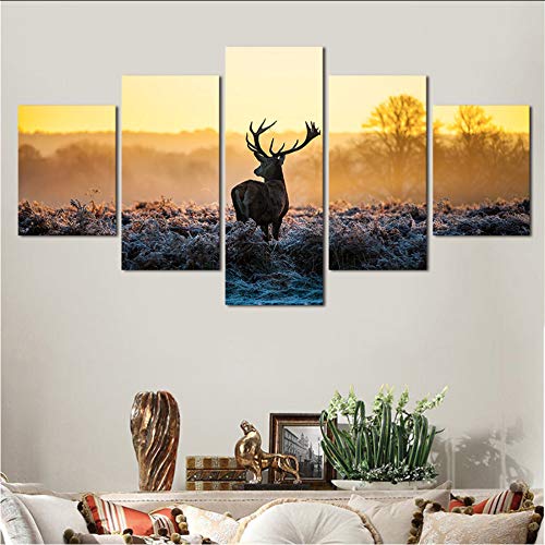 mmwin Frame Pinturas De Lienzo De 5 Piezas De Ciervos En La Mañana De Invierno Fotos del Paisaje Decoración para El Hogar Enmarcadas