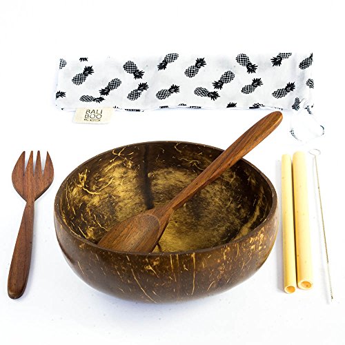 1 Boles de Coco | Cuencos Naturales | Incluye 1 Juegos de cubertería Reutilizables 