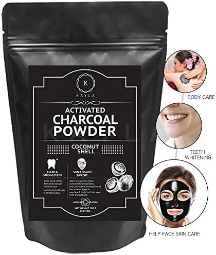 Teeth whitening, clean pores - Kayla Activated Charcoal Powder - Raw Organic Coconut Shell - Amazing Teeth Whitener, Healing Skin and Face &amp; body Mask (200 g)