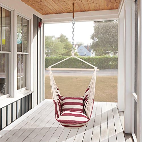 Holifine XL 120 x 150 cm Hanging Hammock Chair Large Hobs Seat Dream Lounger Outdoor Garden Swinging for Courtyard Leisure Anywhere Load Max 120 kg / 265 lbs, 65% Cotton + 35% Polyester - Red and White Stripes