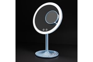 EMKE® Lusterko kosmetyczne z oświetleniem, podświetlane na jasnoniebieskie lusterko kosmetyczne 1 X / 3 x, lusterko do makijażu LED, obracane o 90°, możliwość ściemniania, ładowanie przez USB, lustro