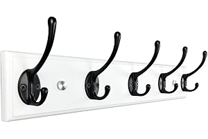 lomejii Wooden Wall Coat Rack with 5 Hooks, 44 cm, Strong Hook Rail for Coat, Hat, Bag, Large Modern Coat Rack for Entrance, Hallway, Bedroom, White Coat Rack
