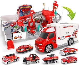 FidgetGear 2 in1 Railway Racing Tracks Electric Car Toys Parking Lot with Light Music Assemble Container Truck Fire Series