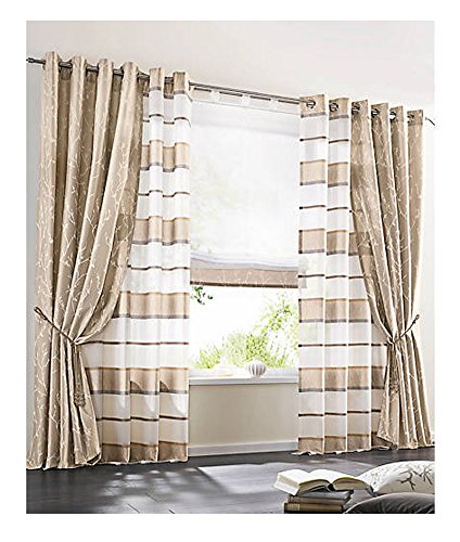 Dekoschal Voile-Qualität mit Jacquardwebstreifen. Webstreifen mit Ästemotiv, mit Kräuselband Größe: 145 x 140 cm in Beige - 3