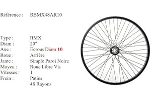 ROVVA - Roue Arrière BMX 20 Pouces De Fabrication Française (Etrto : 406X37) - Monovitesse - 48 Rayons - Axe Moyeu 10Mm - Noir