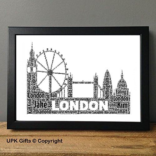 UPK Gifts Personalised London Skyline Print Gift Word Art WITH FRAME or print only Best Friend Valentine's Day Teacher Bridesmaid Celebration Friends Birthday Wedding Love Heart