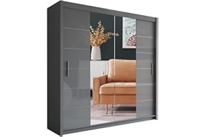 MN Furniture Modern Double Sliding Door Wardrobe 2 Mirrored Hanging Rails & Shelves Storage Cabinet for Bedroom (180cm, Lisbon Grey)