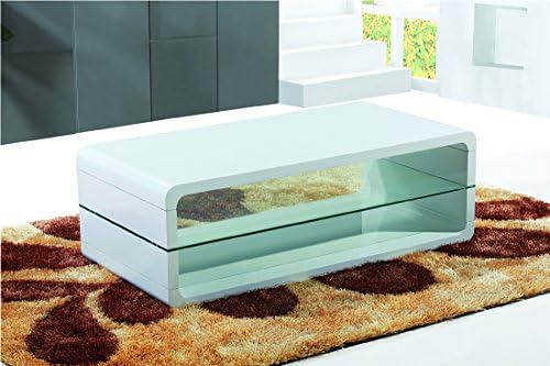 Modern White High Gloss Coffee Table With Clear Glass Shelf, Living Room Furniture, High Gloss Center Table, 1200W x 600D x 475H White