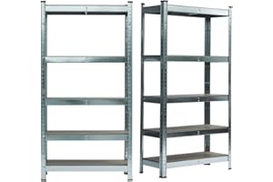 TactFire Lot de 2 Etagères de Rangement à 5 Niveaux, 180 x 90 x 40 cm, Rayonnage Metallique, Étagère de Garage, Montage sans Outil, Capacité de charge de 80 kg par niveau, pour Atelier, Garage, Argent