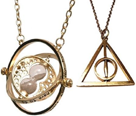 CargoMix© Jewellery Necklace Gold-tone Hermione Granger hourglass and gold spinning Deathly Hallows necklace.