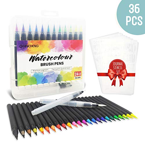 CH HAICHENG 36 Feutres Pinceaux et Pochoir Journal, 24 Stylo Aquarelle et 2 Pinceau à Eau Rechargeable et 10 Pochoirs Journal pour Coloriage Adulte, Journal Accessoires, Stylo Calligraphie