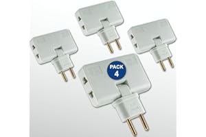 THREE STARS 3-Stars | Pack. 4 Un | Ladrón Enchufe Plano de 3 Tomas | Diseño Fino: Ideal para Espacios reducidos | Cabezal Giratorio 180º | Adaptador Americano y Europeo | 250 V. - Toma Tierra 10A.