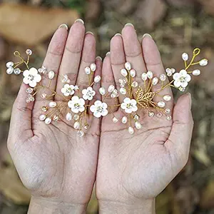 Aukmla Bride Flower Wedding Hair Vine Leaf Pearl Bridal Hair Piece Crystal Rhinestone Headband for Women and Girls HV-30 (Gold)