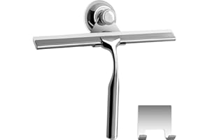Zindoo Rasqueta Limpiacristales para Ducha Limpia Cristales Acero Inoxidable 24.5CM con Ventosa de Pared y Soporte Pegamento Diseño Ergonómico para Limpiar Mampara de Ducha, Ventana (Plata)