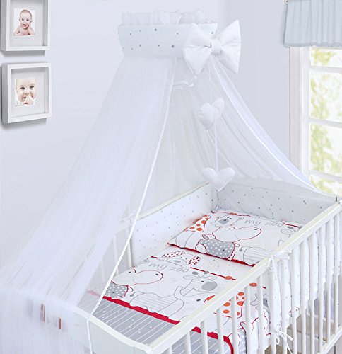 LUXURY 10Pcs BABY BEDDING SET COT BED PILLOW DUVET COVER BUMPER CANOPY to Fit Cot Bed Size 140x70cm 100% COTTON (Zoo Red)