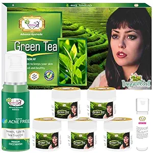 Sibley Beauty Facial Kit Combo of Green Tea Anti Ageing Facial Kit ( 155 gm + 10 ml) Pack of 6 + Neem Tulsi Tea Tree Oil Acne Face Wash (1 x 100 ml) - for Men Women Boys Girls Oily Normal Dry Skin.