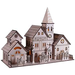 Holz-Häuser mit LED-Beleuchtung, 28cm, natur, gelasert: Amazon.de