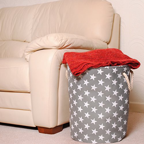 Grauen Aufbewahrungsbox aus Leinen mit Sternen Muster – qualitativ hochwertiger Korb zur Aufbewahrung im Haushalt mit weiß Sternen. 40cm Durchmesser x 45cm Höhe - 8