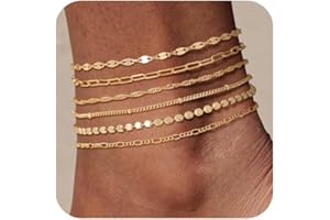 CharmBurst 6 Stück 14K Wasserdichte Fußkettchen für Damen, Gold Fußketten, Herringbone, Box, Paperclip, Bead und Figaro Design, Sommer Schmuck, Dainty Gold Fußschmuck