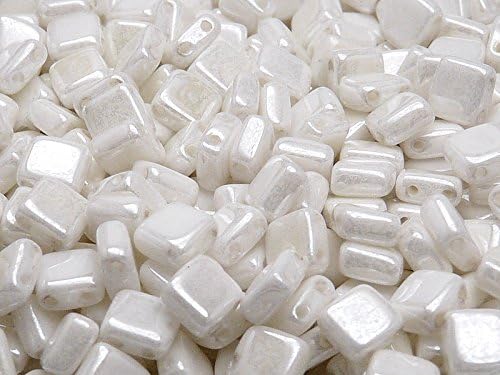 40 Pieces Czech Glass Beads Tile Two-Hole, Flat Square 6x6x2.9mm, Chalk White Luster