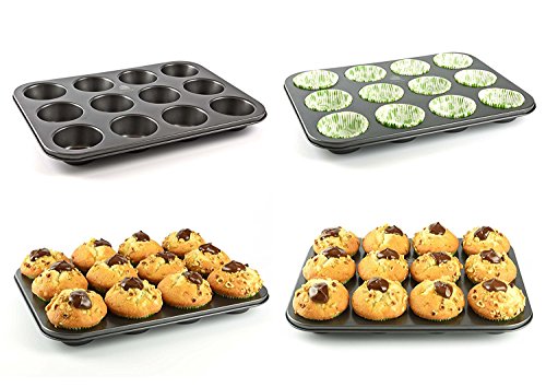 Premium Metall Muffinförmchen für 12 Muffins | BPA-frei und Antihaftbeschichtung | spülmaschinenfeste Muffinform | leicht zu reinigen | Cupcake und Brownie Backform