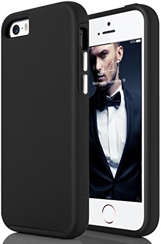 iPhone 5S Case, iPhone SE Case, iPhone 5 Case, DecaStars [Slim Fit] 2in1 Hybrid PC Hard Back Soft TPU Silicone Bumper Rugged Shockproof Protective Case with [Tempered Glass Protector] - Black