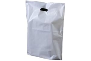 Strong Carrier Bags: 100 Premium Quality - White Plastic Heavy Duty Patch Handle Plastic Bags For Fashion, Party, Boutique, Shopping - Sabco (15 x 18 x 3")