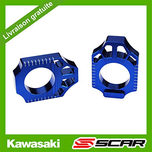 SCAR Axle Blocks Chain Adjuster Compatible with KAWASAKI KX KXF KXX 125 250 450 03-22 - Blue
