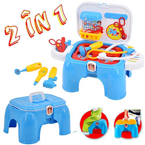 deAO Maletín Médico de Doctor Juego 2 en 1 Taburete y Transportin con Accesorios Incluidos