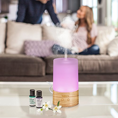 Tomons Diffuser für ätherische Öle, Aromatherapie Ultraschall flüsterleise mit sechs verschiedenen Leuchtfarben automatische Abschaltung – 100 ml Luftbefeuchter aus Naturholz/ Glas - 6