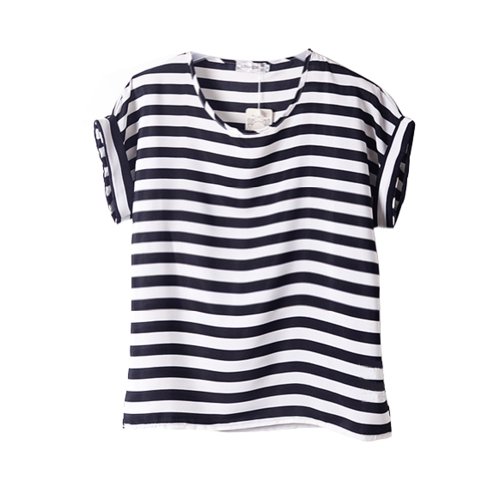 TOPTIE Women's Short Sleeve Chiffon Top T-shirt Blouses, Various Design - Stripe,M
