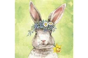 SERVIETTEN OSTERN 20 Servietten Hase mit Blumenkranz und Narzisse als Tischdeko für Ostern 33x33cm