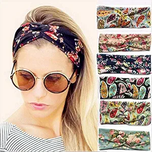 FOK 1 Pc Flower Printed Twist Knotted Yoga Sport Head Wrap Hairband (Pack Of 2, Random Color)