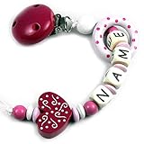 PREMIUM Schnullerkette mit Namen HOLZ Modell Schnörkel Herz pink