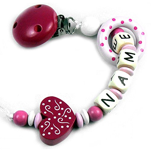 PREMIUM Schnullerkette mit Namen HOLZ Modell Schnörkel Herz pink