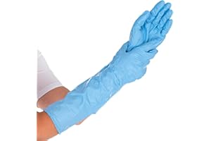 FRANZ MENSCH 50 Stück Hygostar Nitrilhandschuhe Extra Safe Superlong, 40 cm | puderfrei, Packung, blau, 10/XL, L: 40cm, Nitrilhandschuhe, Schutzhandschuhe, Einmalhandschuhe