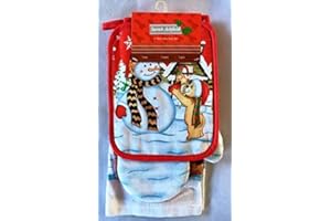 Ethel May 3 Pack Christmas Festive Xmas Tea Towel Set includes Tea Towel Oven mitt Gloves and Pot Mat Santa, Snowman, christmas tree and baubles (Snowman)