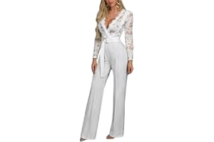 seiveini Combinaison Femmes en Dentelle Pantalon Chic Soirée à Col V Manches Longues Pantalons Skinny Slim Fit Combishort Taille Haute Vêtements de Travail Jumpsuit en Dentelle