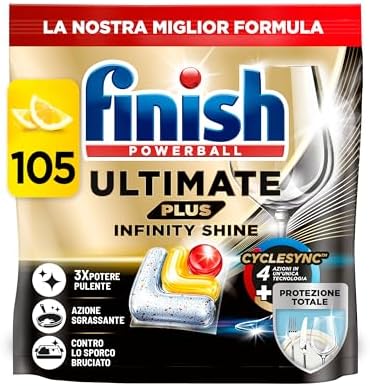 Finish Ultimate PLUS Infinity Shine Pastiglie Lavastoviglie al Limone, 105 Capsule con Scudo Protettivo contro lo Sporco e i Residui Incrostati