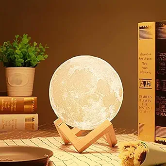 QONETIC 3D 7 Multicolour Changing Touch Sensor Moon Light Lamp with Wooden Stand Night Lamp (15 cm, Big-C)