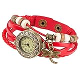 Taffstyle Damen-Armbanduhr Retro Vintage Geflochten Leder-Armband mit Charms Anhänger Analog Quarz Uhr Libelle Gold Rot