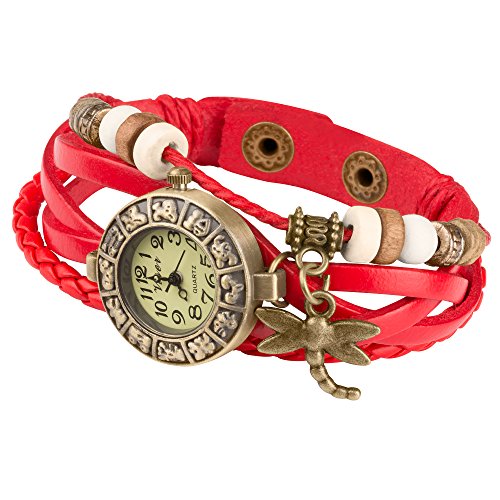 Taffstyle® Damen Analog Armbanduhr mit Lederarmband Retro Geflochten Armband Uhr Damenarmbanduhr mit Charms, Druckknopf Verschluss in Leder, Vintage, Surferarmband Style - Anhänger: Libelle / Farbe: Rot Taffstyle® Damen Analog Armbanduhr mit Lederarmband Retro Geflochten Armband Uhr Damenarmbanduhr mit Charms, Druckknopf Verschluss in Leder, Vintage, Surferarmband Style - Anhänger: Libelle / Farbe: Rot
