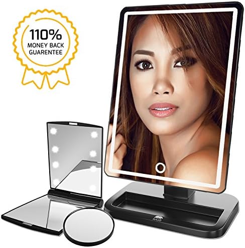[Upgraded 2018 Version] Illuminated Dimmable 80 LED Lighted Makeup Mirror / Vanity Mirror with Touch Screen Dimming, Detachable 10X Magnification Spot Mirror, 360° Swivel Rotation, Portable Convenience and High Definition Clarity Cosmetic Black Mirror, Bonus Pocket Make Up Mirror with Light