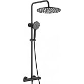 Auralum Shower Column with Thermostatic Brass Tap, Rain Shower Head &phi;25 cm, Shower Head 3 Mode and Shower Rod Height Adjustab