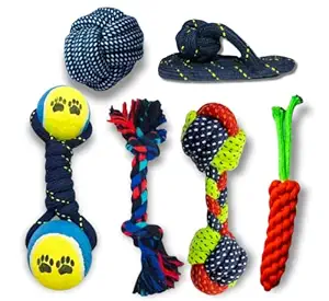 The Woof Company Pack of 6 Durable Chewing Cotton Rope Knotted Dog Toys for Medium & Small Pets (Color May Vary)