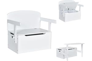 RELAX4LIFE 3 en 1 Baúl Juguetes Infantil de Madera, Juego de Mesa y Silla Infantil con Banco Convertible, Caja Almacenaje, Respaldo y Reposabrazos, Mesa y Sillas para Niños 3-7 Años (Blanco)